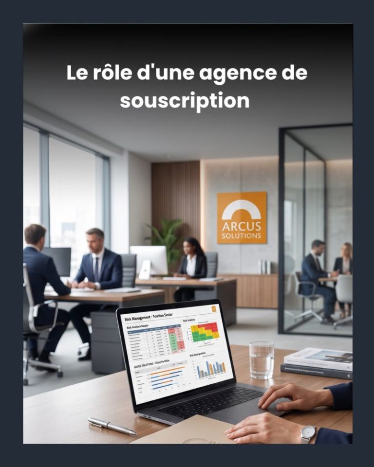 Réunion d’équipe dans des bureaux, tableau d’analyse de risques à l’écran — illustration du rôle d’une agence de souscription